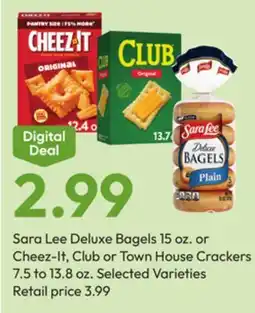 Stater Bros Sara Lee Deluxe Bagels 15 oz. or Cheez-It, Club or Town House Crackers 7.5 to 13.8 oz offer
