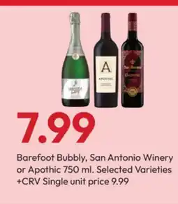 Stater Bros Barefoot Bubbly, San Antonio Winery or Apothic offer