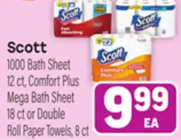 Tony’s Fresh Market Scott 1000 Bath Sheet Comfort Plus Mega Bath Sheet or Double Roll Paper Towels offer