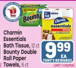 Tony’s Fresh Market Charmin Essentials Bath Tissue, 12 ct Bounty Double Roll Paper Towels, 6 ct offer