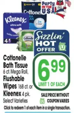 Jewel-Osco Cottonelle Bath Tissue 6 ct. Mega Roll, Flushable Wipes 168 ct. or Kleenex offer