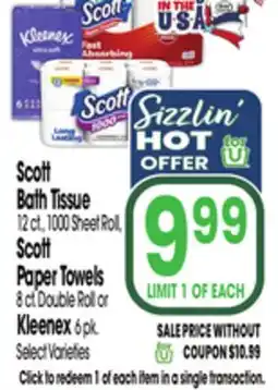 Jewel-Osco Scott Bath Tissue 12 ct, 1000 Sheet Roll, Scott Paper Towels 8 ct Double Roll or Kleenex 6 pk offer