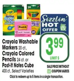 Jewel-Osco Crayola Washable Markers 20 ct., Crayola Colored Pencils 24 ct. or Post-It Notes Cube 400 ct offer