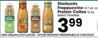 Jewel-Osco Starbucks Frappuccino 13.7 oz. or Protein Coffee 12 oz offer