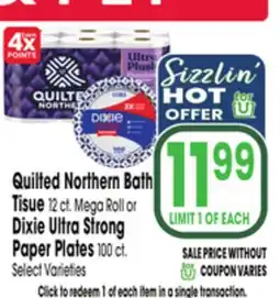 Jewel-Osco Quilted Northern Bath Tissue 12 ct. Mega Roll or Dixie Ultra Strong Paper Plates 100 ct offer