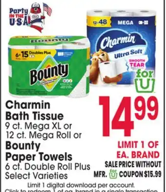 Jewel-Osco Charmin Bath Tissue 9 ct. Mega XL or 12 ct. Mega Roll or Bounty Paper Towels 6 ct. Double Roll Plus offer