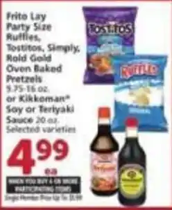 Albertsons Frito Lay Party Size Ruffles, Tostitos, Simply, Bold Gold Oven Baked Pretzels or Kikkoman Soy or Teriyaki Sauce offer