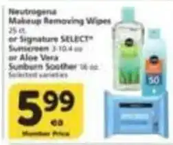Albertsons Neutrogena Makeup Removing Wipes or Signature SELECT Sunscreen or Aloe Vera Sunburn Soother offer