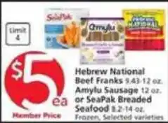 Albertsons Hebrew National Beef Franks or Amylu Sausage or SeaPak Breaded Seafood offer