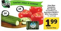 Vons Vine Ripe Tomatoes, Hot House Cucumbers or Signature SELECT Mini Cucumbers offer