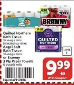 Vons Quilted Northern Bath Tissue or Brawny 3 Ply Paper Towels offer