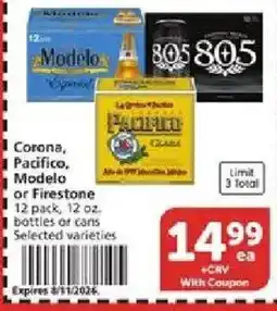 Vons Corona, Pacifico, Modelo or Firestone offer