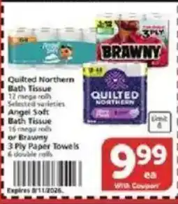 Vons Quilted Northern Bath Tissue or Brawny 3 Ply Paper Towels offer