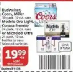 Vons Budweiser, Coors, Miller, Modelo Oro Light, Corona Premier or Michelob Ultra offer