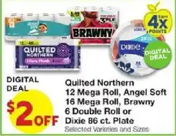 United Supermarkets Quilted Northern 12 Mega Roll, Angel Soft 16 Mega Roll, Brawny 6 Double Roll or Dixie 86 ct. Plate offer