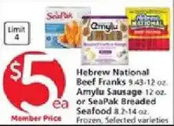 Vons Hebrew National Beef Franks or Amylu Sausage or SeaPak Breaded Seafood offer