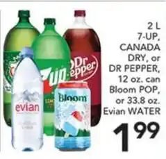 Pete's Fresh Market 2 L 7-up, canada dry, or dr pepper, 12 oz. can bloom pop, or 33.8 oz. evian water offer