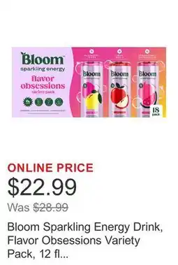 Costco Bloom Sparkling Energy Drink, Flavor Obsessions Variety Pack, 12 fl oz, 18-count offer