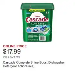 Costco Cascade Complete Shine Boost Dishwasher Detergent ActionPacs, Fresh, 92-count offer