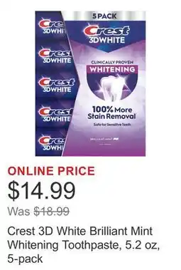 Costco Crest 3D White Brilliant Mint Whitening Toothpaste, 5.2 oz, 5-pack offer