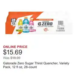Costco Gatorade Zero Sugar Thirst Quencher, Variety Pack, 12 fl oz, 28-count offer