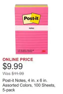 Costco Post-it Notes, 4 in. x 6 in. Assorted Colors, 100 Sheets, 5-pack offer