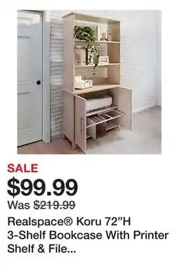 Office Depot Realspace Koru 72H 3-Shelf Bookcase With Printer Shelf & File Storage, Natural Oak, BIFMA Compliant offer