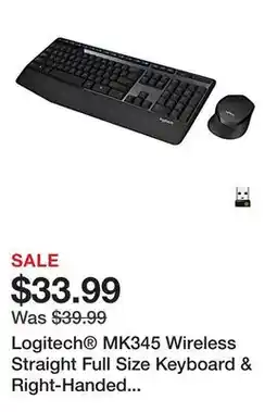 Office Depot Logitech MK345 Wireless Straight Full Size Keyboard & Right-Handed Optical Mouse, Black offer