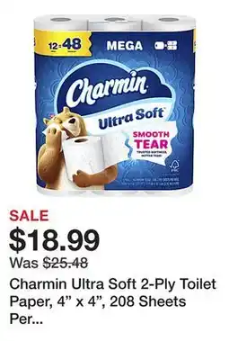 Office Depot Charmin Ultra Soft 2-Ply Toilet Paper, 4 x 4, 208 Sheets Per Roll, Pack Of 12 Mega Rolls offer