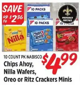 Rouses 10 count pk nabisco chips ahoy, nilla wafers, oreo or ritz crackers minis offer
