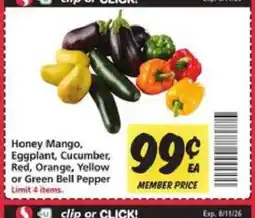 Safeway Honey Mango, Eggplant, Cucumber, Red, Orange, Yellow or Green Bell Pepper offer