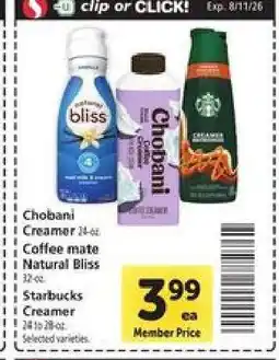Safeway Chobani Creamer, Coffee mate Natural Bliss, Starbucks Creamer offer