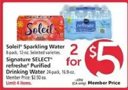 Safeway Soleil Sparkling Water & Signature SELECT Purified Drinking Water offer