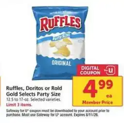 Safeway Ruffles, Doritos or Rold Gold Selects Party Size offer