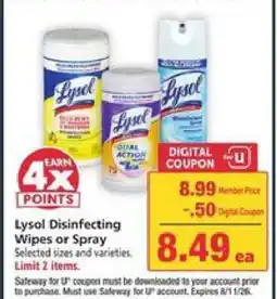 Safeway Lysol Disinfecting Wipes or Spray offer
