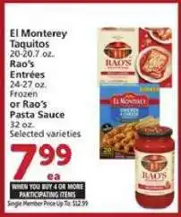 Albertsons El Monterey Taquitos / Rao's Entrées / Rao's Pasta Sauce offer