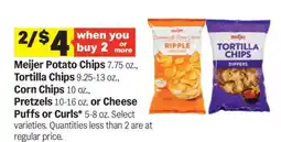 Meijer Meijer Potato Chips, Tortilla Chips, Corn Chips, Pretzels, Cheese Puffs or Curls offer
