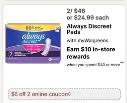 Walgreens Always Discreet Pads offer