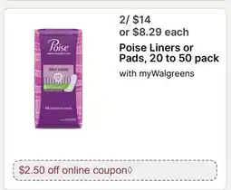 Walgreens Poise Liners or Pads, 20 to offer