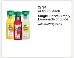 Walgreens Single-Serve Simply Lemonade or Juice offer