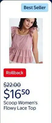 Walmart Scoop Women's Flowy Lace Cotton Top offer