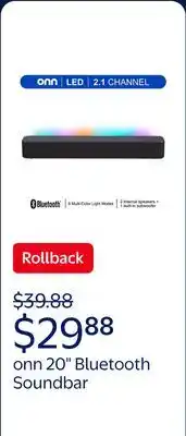 Walmart onn 20 Inch Bluetooth 2.1 Channel Soundbar with Multi-Color LED Lighting, Black offer