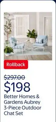 Walmart Better Homes & Gardens Aubrey 3-Piece Metal Outdoor Chat Set, White & Blue offer