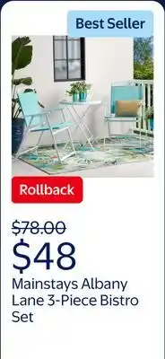 Walmart Mainstays Albany Lane 3-Piece Bistro Set, Aqua offer