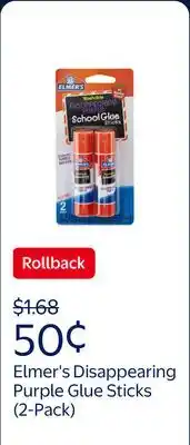 Walmart Elmer's Disappearing Purple School Glue Sticks, Washable, 2 Count offer