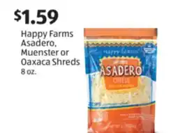 Aldi Happy Farms Asadero, Muenster or Oaxaca Shreds offer