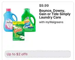 Walgreens Bounce, Downy, Gain or Tide Simply Laundry Care offer
