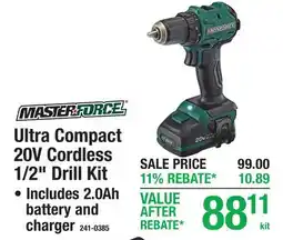 Menards Master Force Ultra Compact 20V Cordless 1/2 Drill Kit offer