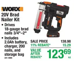 Menards Worx 20V Brad Nailer Kit offer