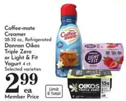 Pavilions Coffee-mate Creamer or Dannon Oikos Triple Zero or Light & Fit Yogurt offer